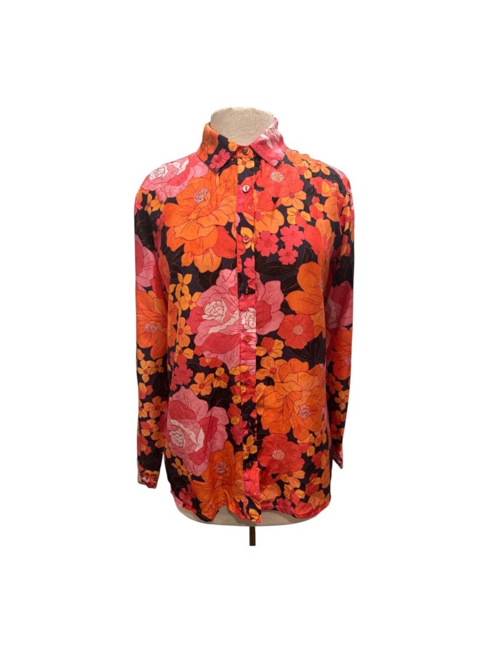 Johnny Was Workshop Silk Floral Button Front Blouse Top Small Pink Orange - Picture 2 of 9